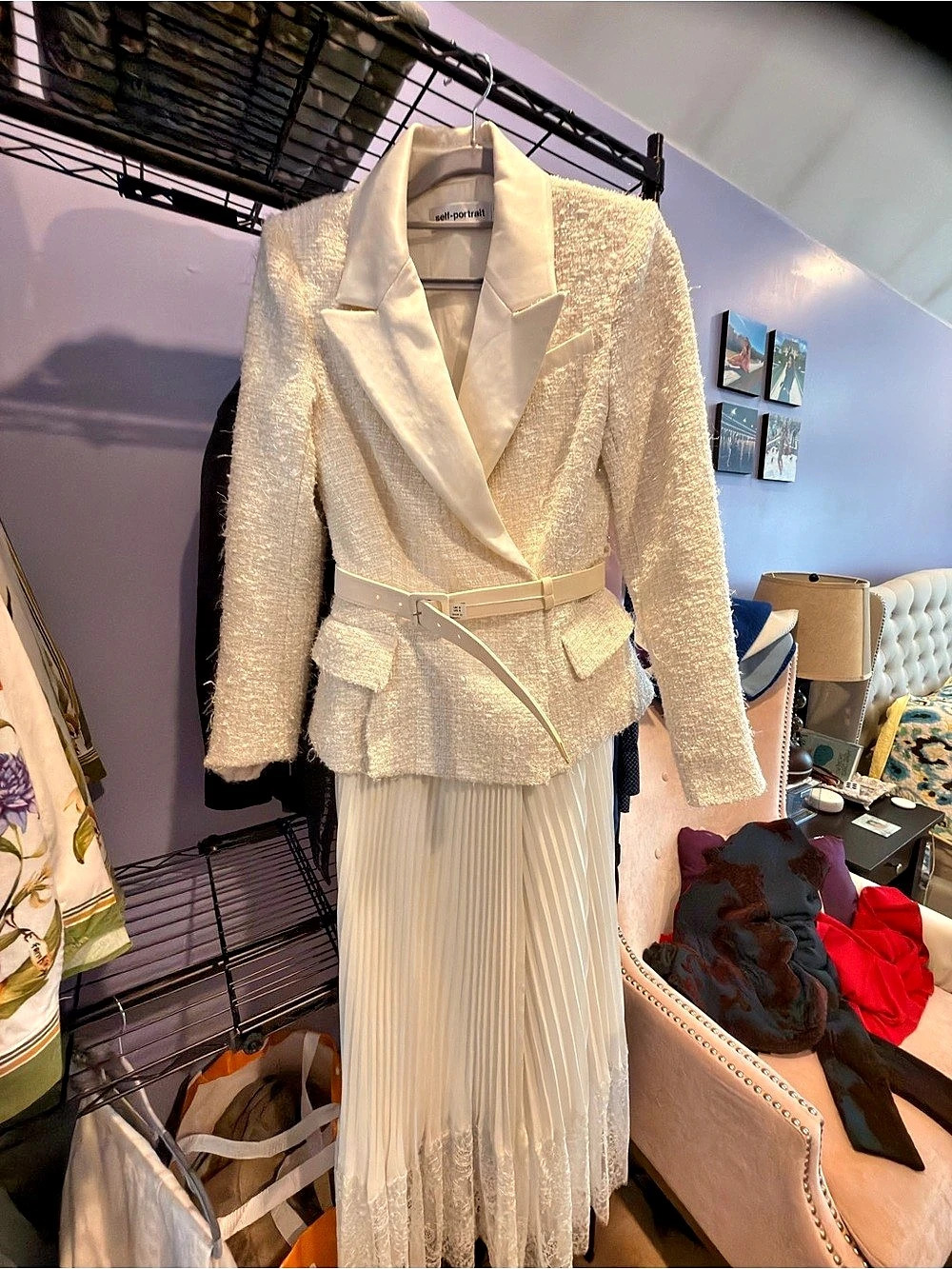 Self-Portrait Cream Tailored Boucle And Chiffon Midi Dress